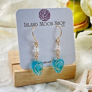 Aqua Sea Glass Rip curl Wave Wirework Earrings